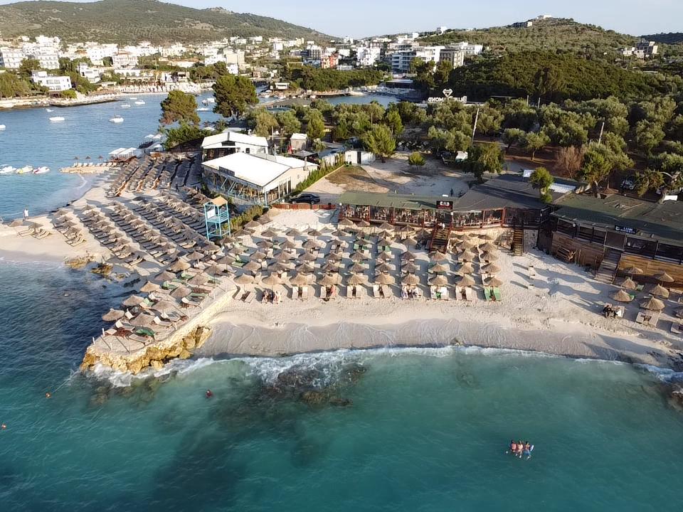 Aerial view of Summer Gate beach club and turquoise Ksamil coastline